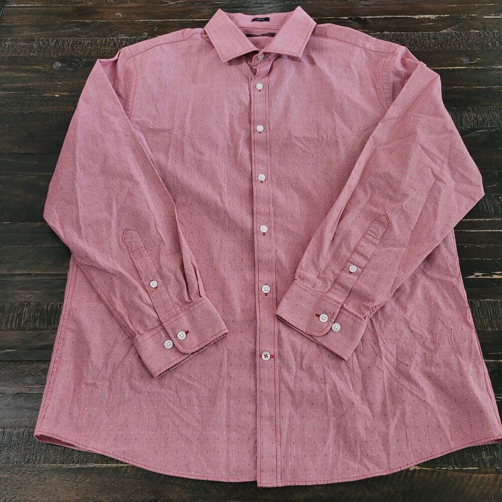 Tommy Hilfiger Men’s Large Slim Fit Button-Up Shirt Red Houndstooth Long Sleeve